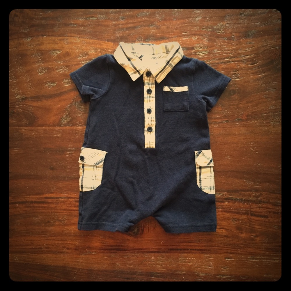 Navy Blue and Plaid Romper 6 months